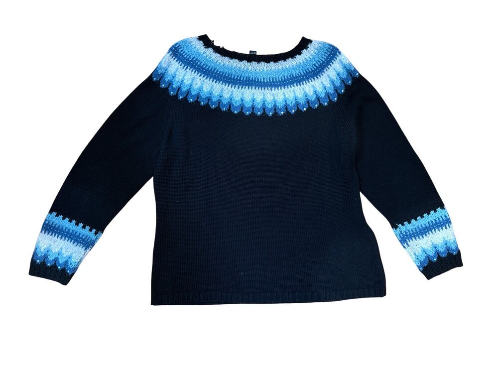 INC International Concepts 1X Silk Fair Isle Sweater Black Blue Nordic Beaded